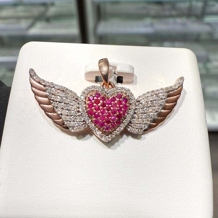 0.41CTW Natural Diamond w/ Ruby 10K Rose Gold Heart Wings Pendant 0.7" - WJD Exclusives