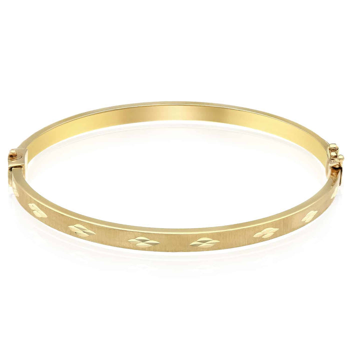 10K Yellow Gold 4mm Diamond - Cut Satin Bangle Bracelet (Hollow) 6.75" - WJD Exclusives