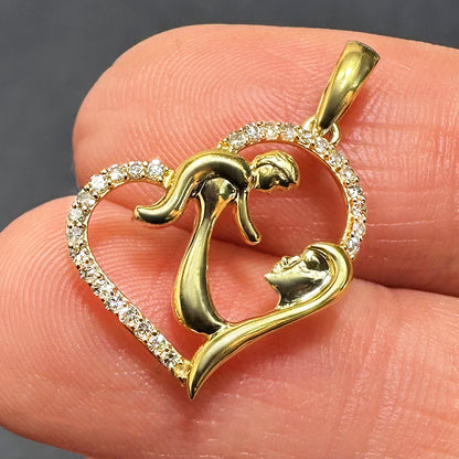 0.14CTW Natural Diamond 10K Gold Mother Child Open Heart Pendant 0.7"