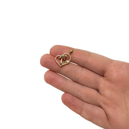 0.14CTW Natural Diamond 10K Gold Mother Child Open Heart Pendant 0.7"
