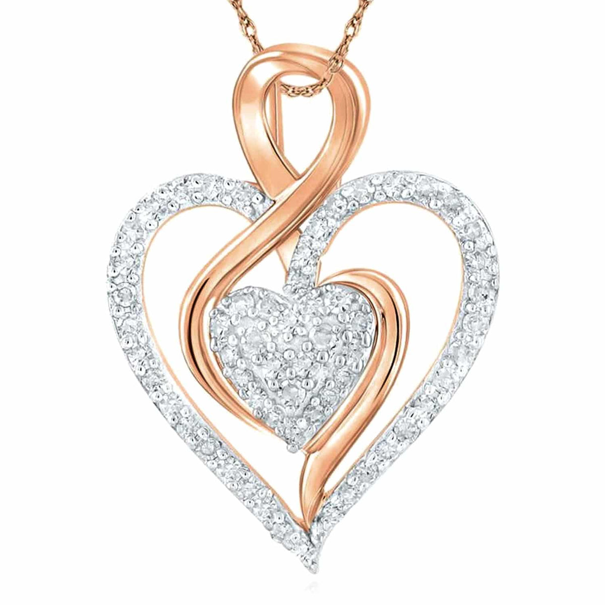 0.25CTW Natural Diamond 10K Gold Yellow White Rose Double Heart Pendant 0.83" - WJD Exclusives