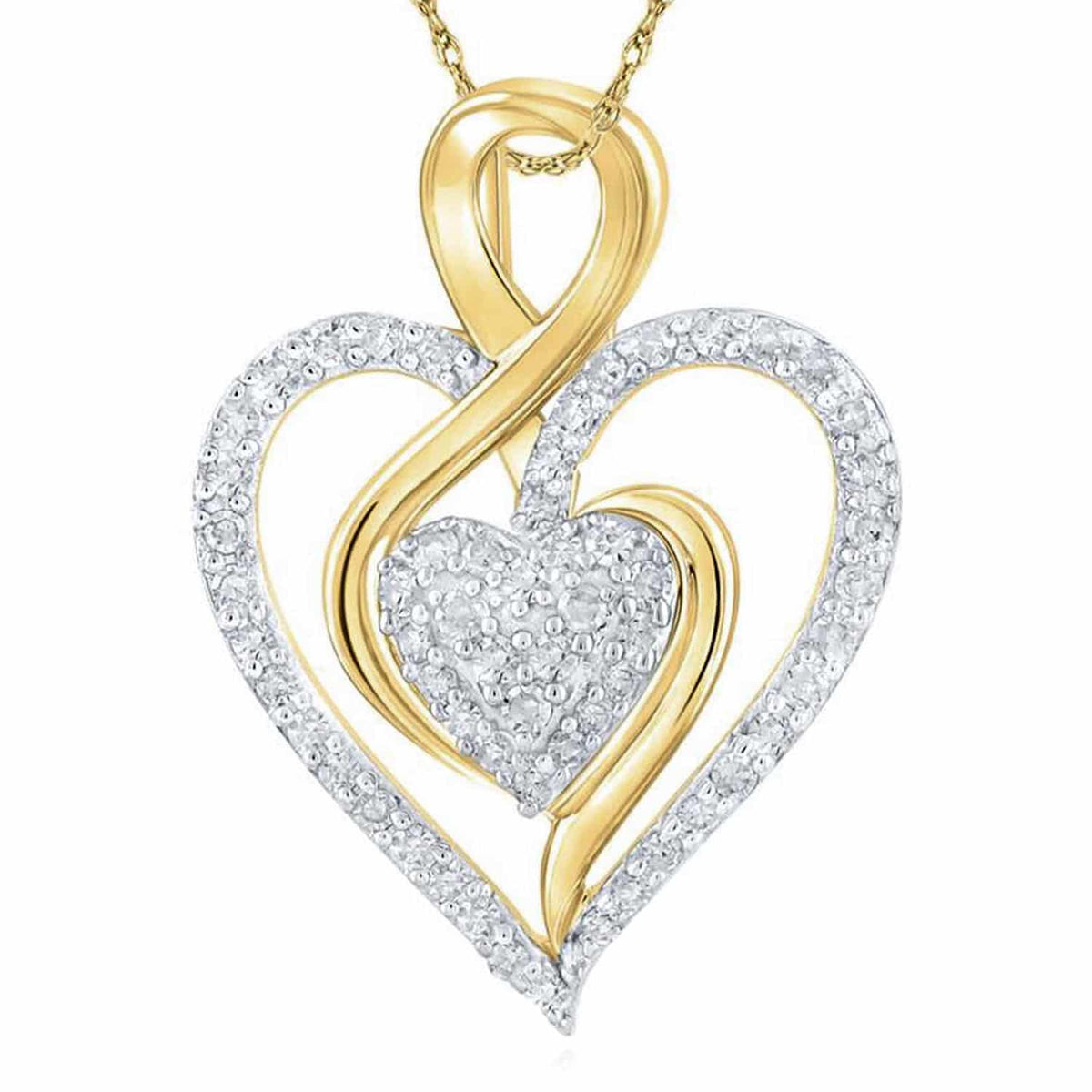 0.25CTW Natural Diamond 10K Gold Yellow White Rose Double Heart Pendant 0.83" - WJD Exclusives