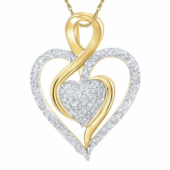 0.25CTW Natural Diamond 10K Gold Yellow White Rose Double Heart Pendant 0.83" - WJD Exclusives