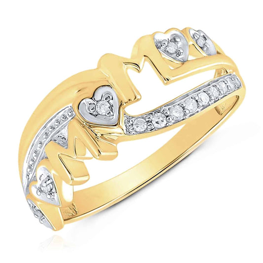 0.10CTW Real Diamond 10K Yellow Gold Mom Mother Heart Band Ring