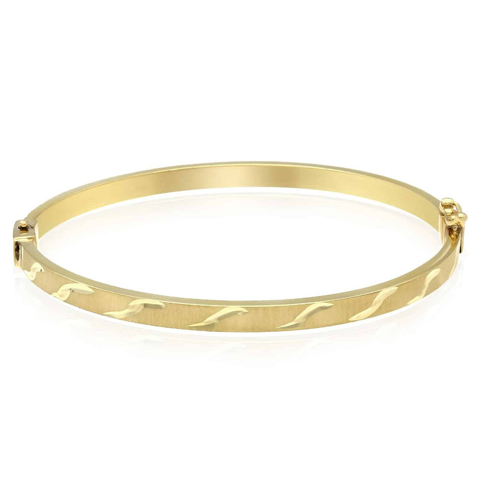 10K Yellow Gold 4mm Diamond - Cut Satin Bangle Bracelet (Hollow) 6.75" - WJD Exclusives