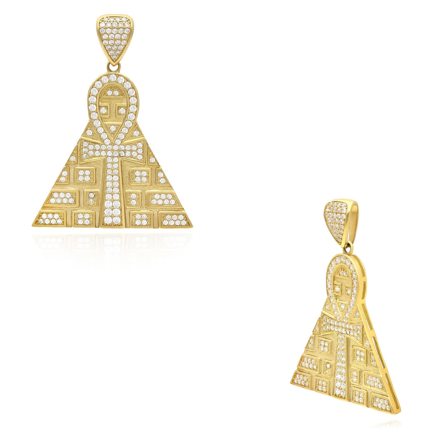10K Yellow Gold CZ Egyptian Ankh Pyramid Pendant 1.7"