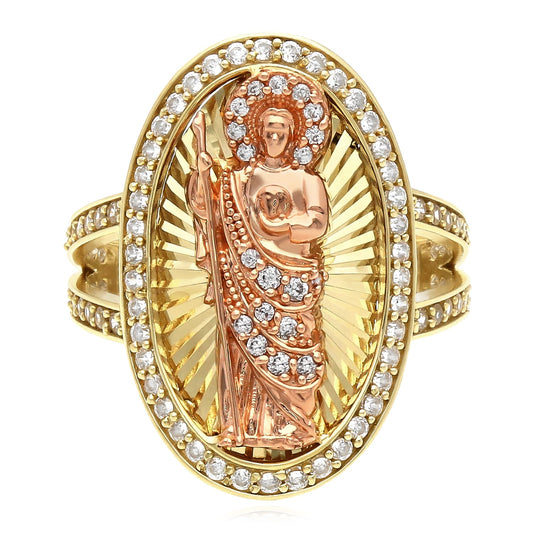 10K Gold Yellow Rose CZ Oval Religious Saint Jude Ring
