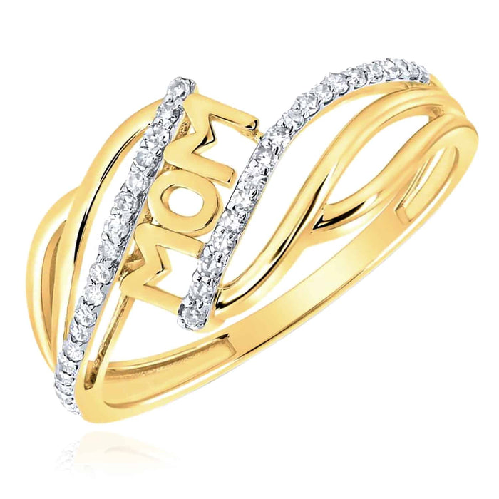 0.16CTW Natural Diamond 10K Yellow Gold Waved Band "MOM" Cocktail Ring - WJD Exclusives