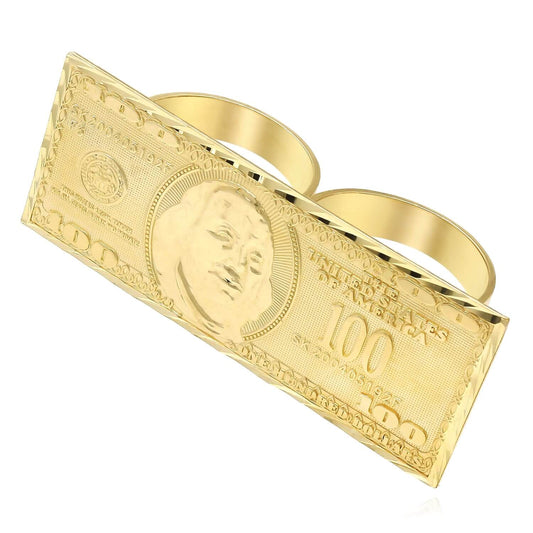 10K Yellow Gold One Hundred 100 Dollar Bill Two-Finger Ring