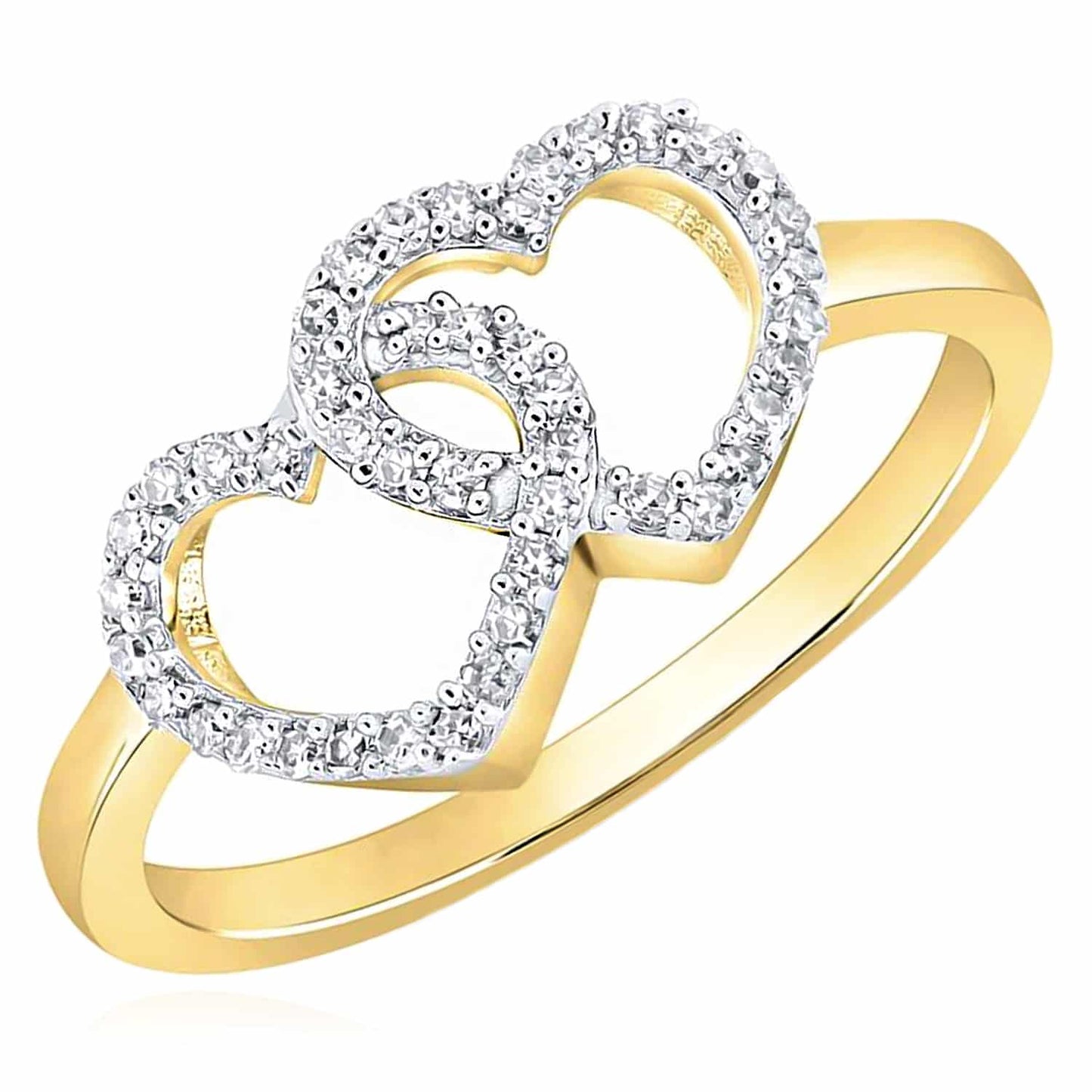 0.20CTW Real Diamond 10K Yellow Gold Interlocked Double Heart Cocktail Ring