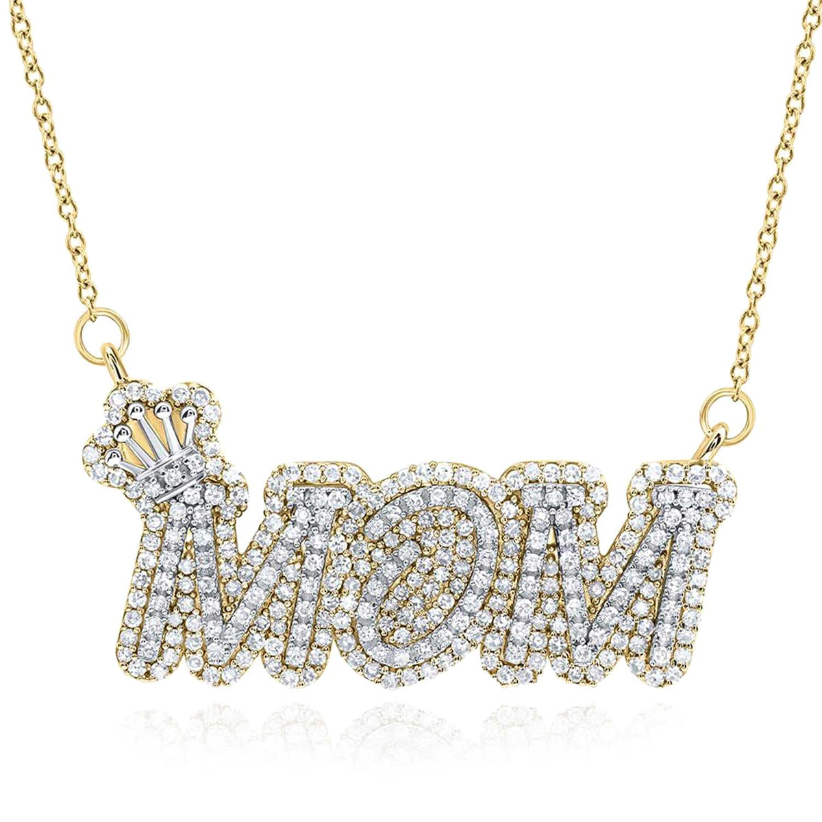 1CTW Natural Diamond 10K Yellow Gold Pave MOM Crown Cable Necklace (Solid Links) 18" - WJD Exclusives