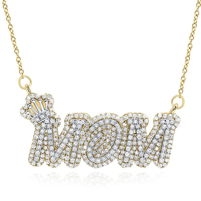 1CTW Real Diamond 10K Yellow Gold Pave "MOM" crown Pendant Cable Necklace 18"
