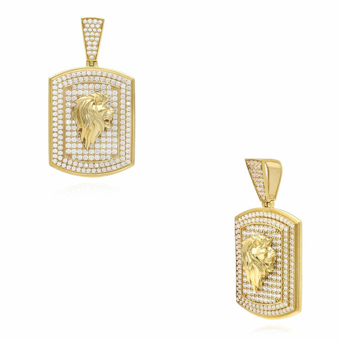 10K Yellow Gold CZ Pave Rectangular Lion Face Pendant 1.8" - WJD Exclusives