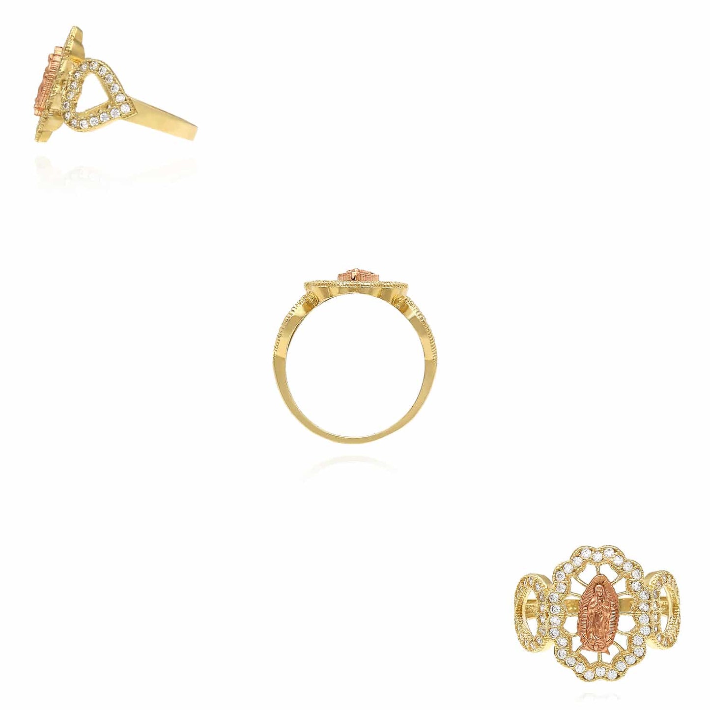 10K Gold Rose Yellow CZ Our Lady Virgin of Guadalupe Heart Ring