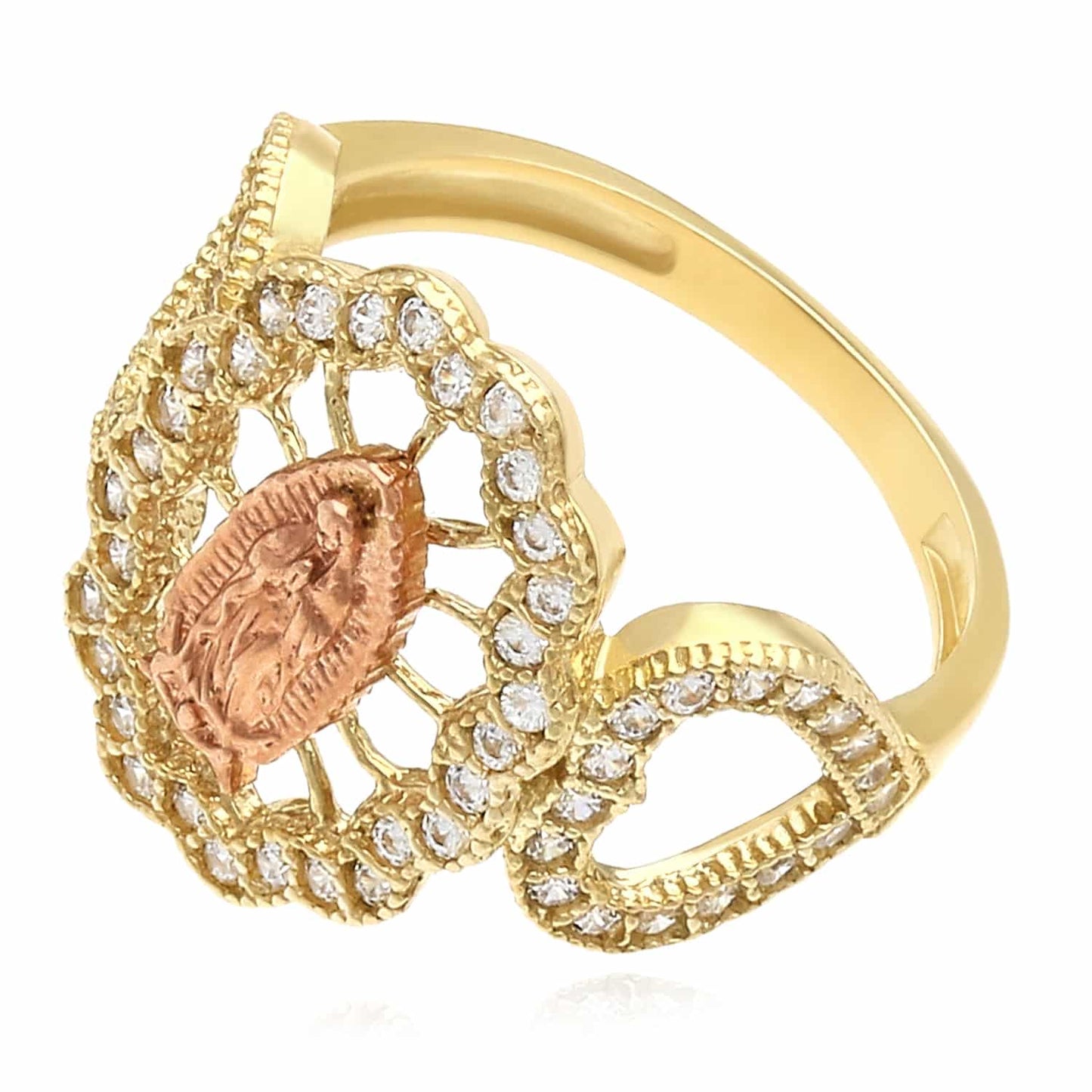 10K Gold Rose Yellow CZ Our Lady Virgin of Guadalupe Heart Ring