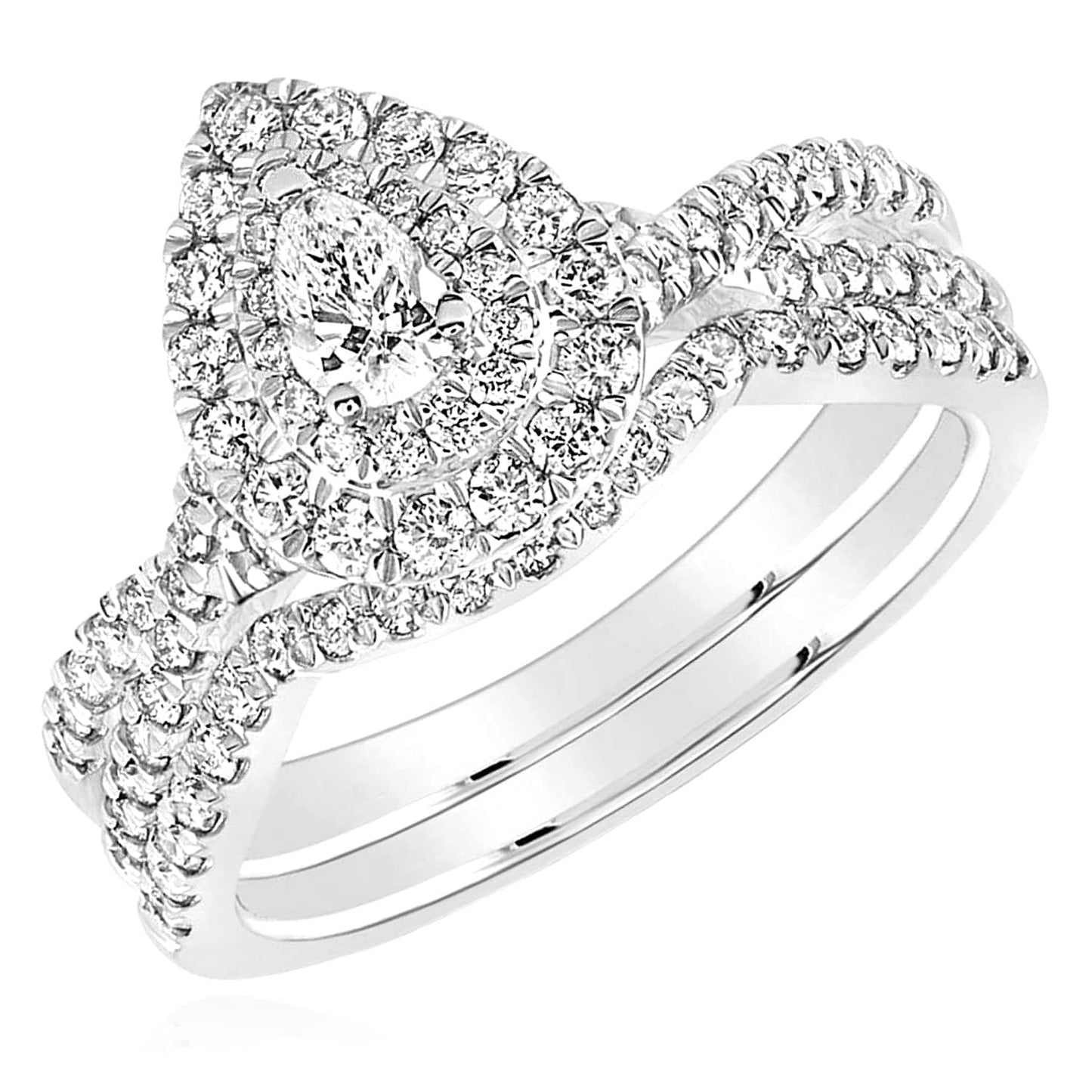0.96CTW Real Diamond 14K Real Gold White Pear Halo Bridal Wedding Ring Set