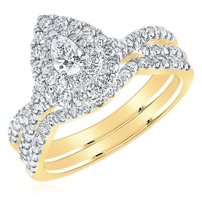 0.98CTW Natural Diamond 14K Yellow Gold Pear Halo Bridal Wedding Ring Set - WJD Exclusives