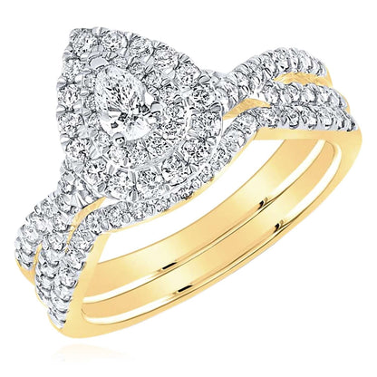 0.98CTW Real Diamond 14K Real Gold Yellow Pear Halo Bridal Wedding Ring Set