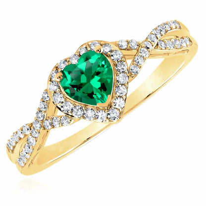 0.98CTW Real Diamond & Emerald 10K Gold Yellow Halo Heart Engagement Ring