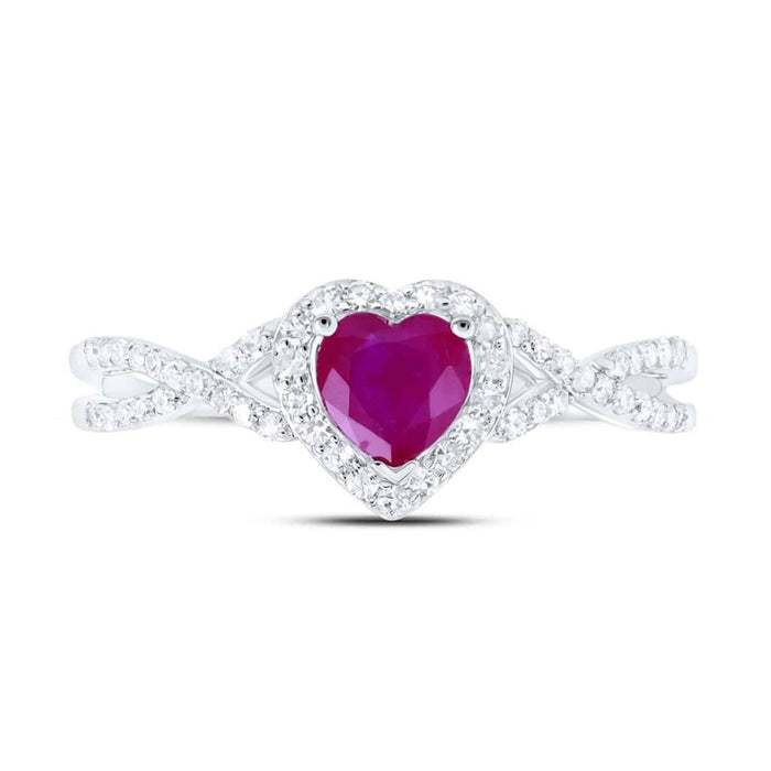0.98CTW Natural Diamond & Ruby 10K Gold White Halo Heart Engagement Ring - WJD Exclusives