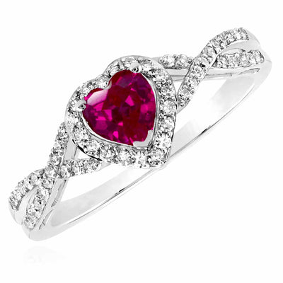 0.98CTW Natural Diamond & Ruby 10K Gold White Halo Heart Engagement Ring - WJD Exclusives