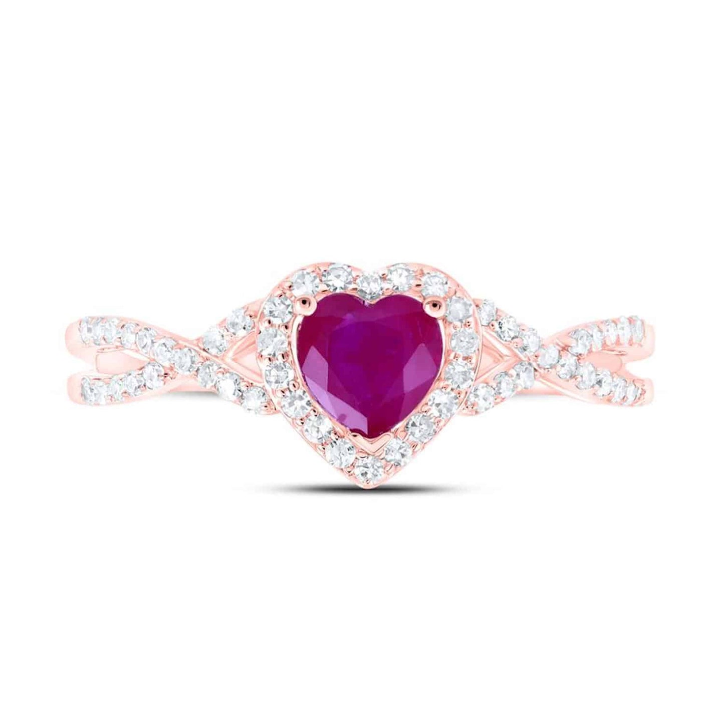0.98CTW Real Diamond & Ruby 10K Gold Rose Halo Heart Engagement Ring