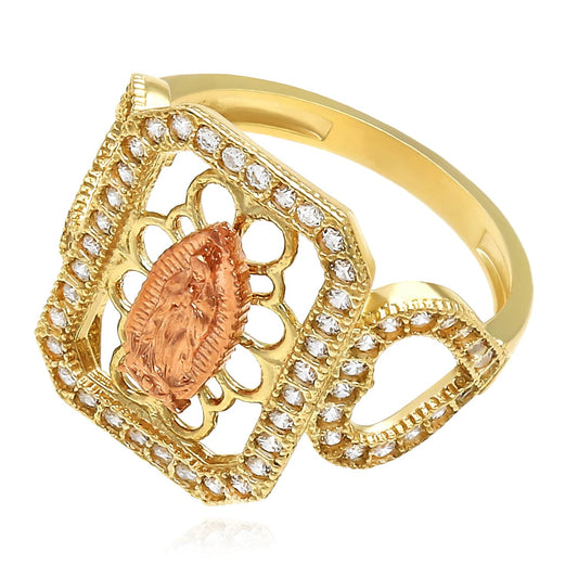 10K Rose Yellow Gold CZ Signet Ring Our Lady Of Guadalupe