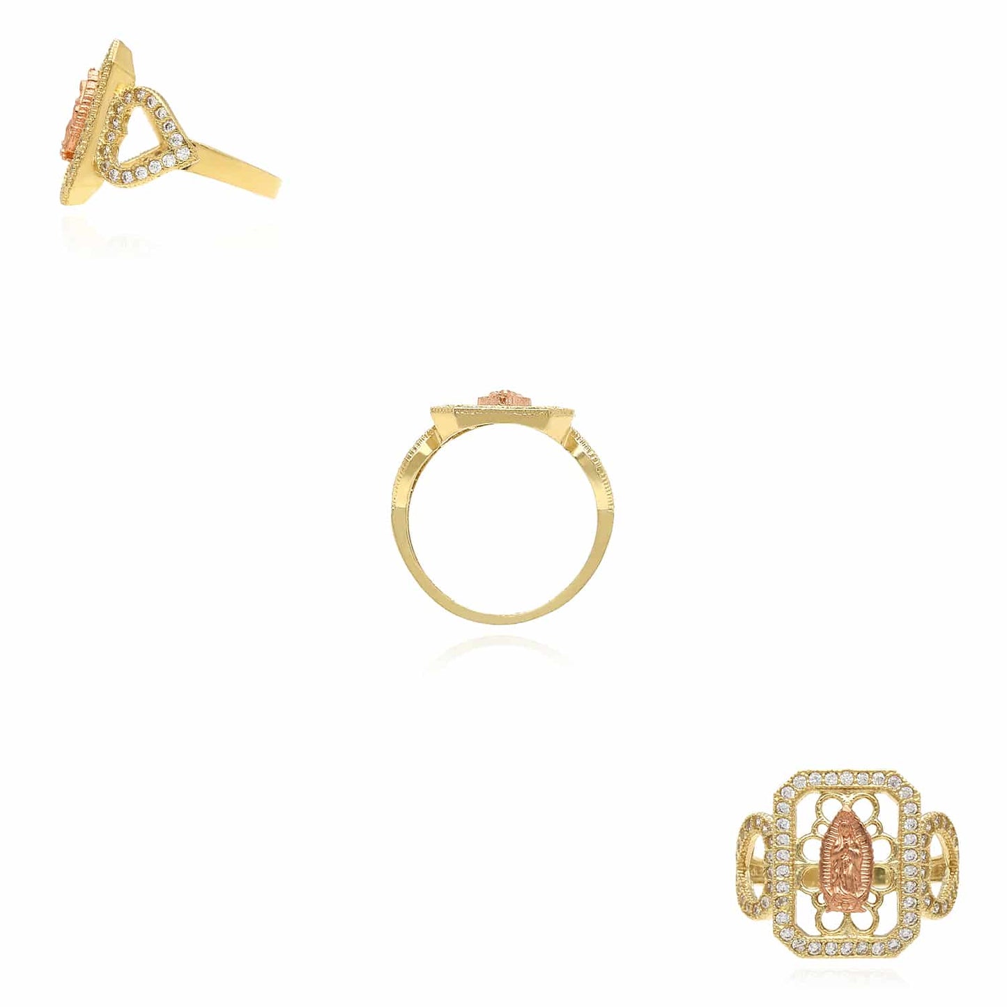 10K Rose Yellow Gold CZ Signet Ring Our Lady Of Guadalupe