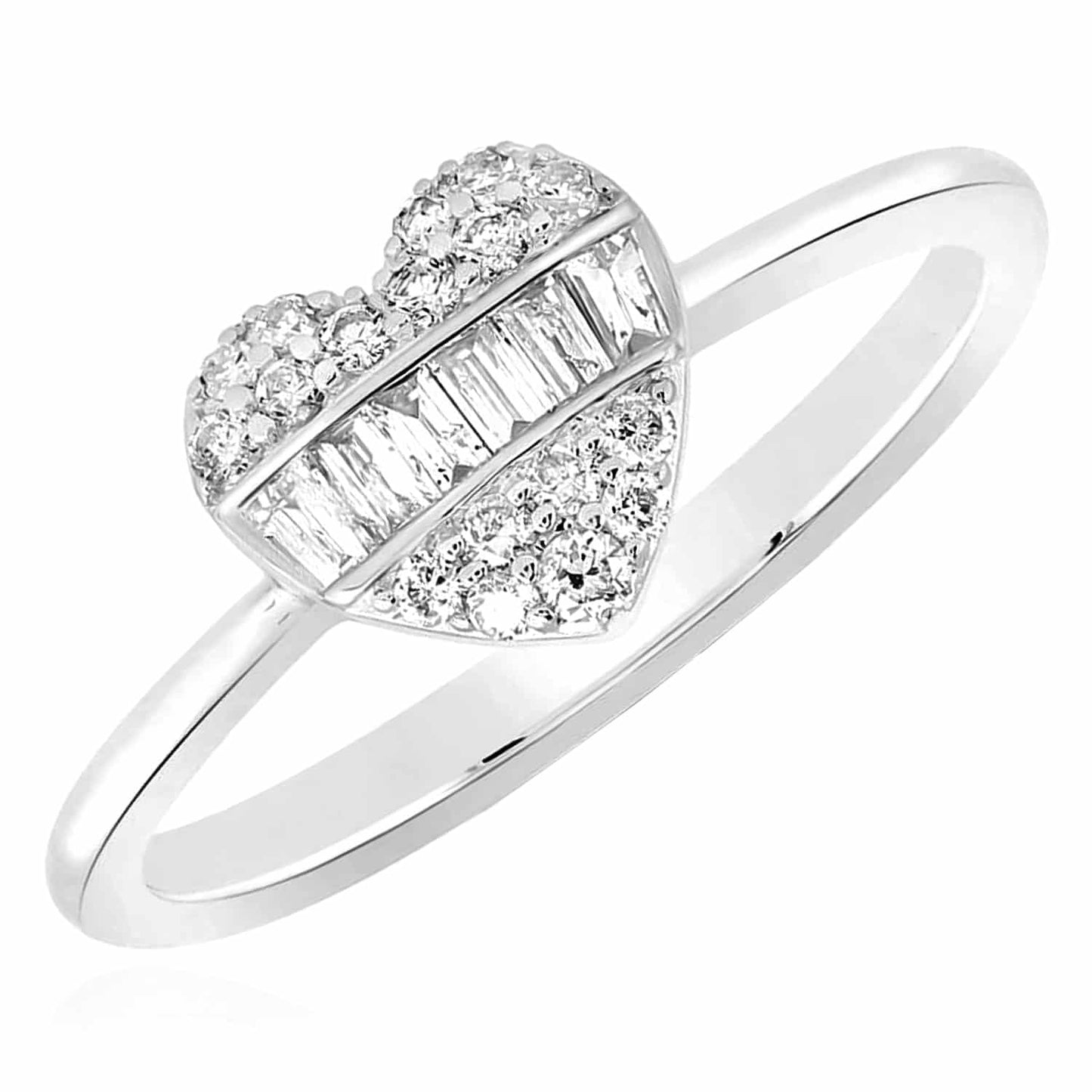 0.25CTW Real Diamond 10K White Gold Baguette Heart Cluster Cocktail Ring