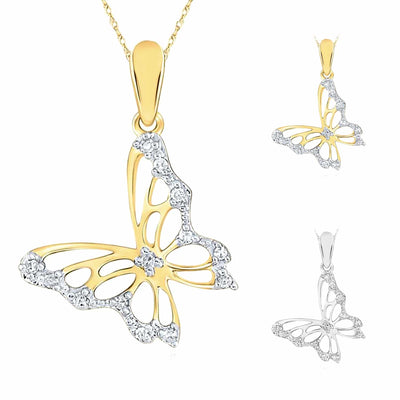 0.05CTW Natural Diamond 10K Gold Yellow White Butterfly Pendant 0.9" - WJD Exclusives