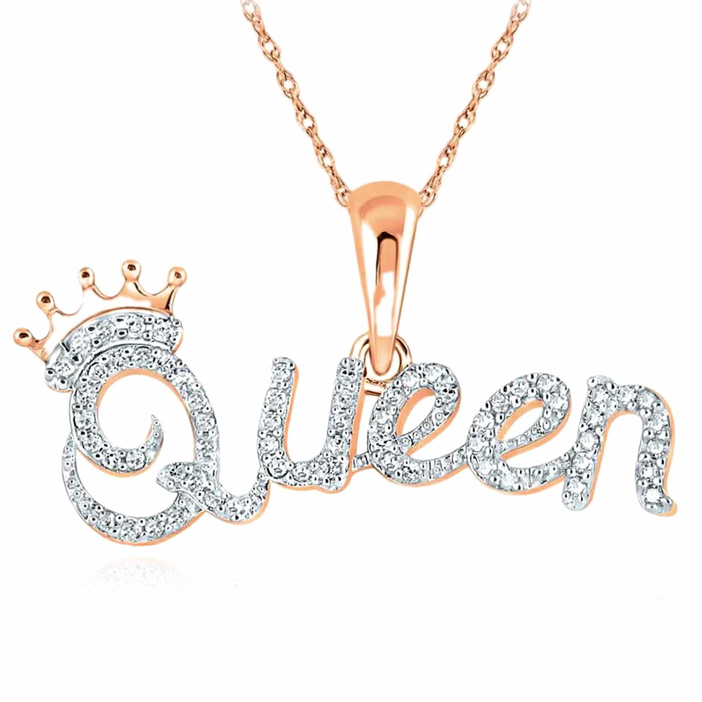 0.16CTW Real Diamond 10K Gold Yellow Rose Crown "Queen" Pendant 0.55"