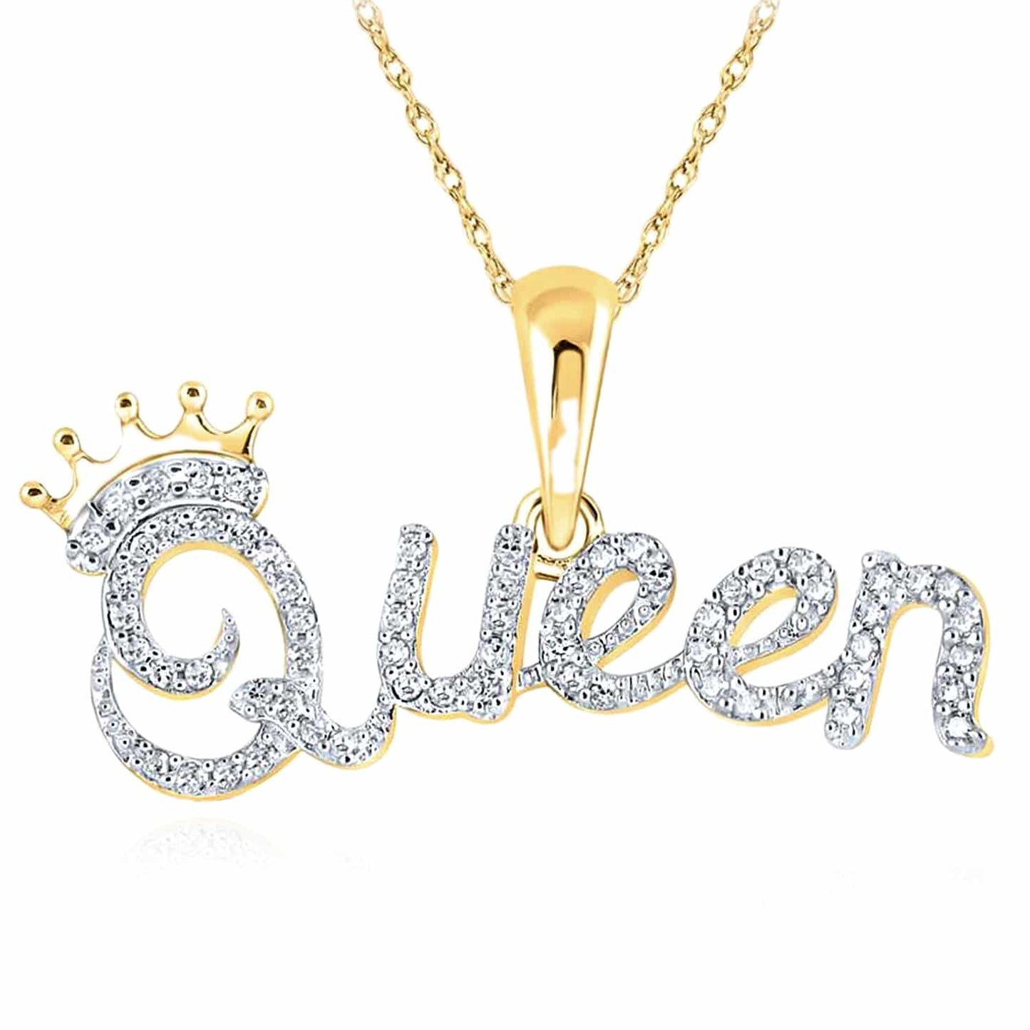 0.16CTW Real Diamond 10K Gold Yellow Rose Crown "Queen" Pendant 0.55"