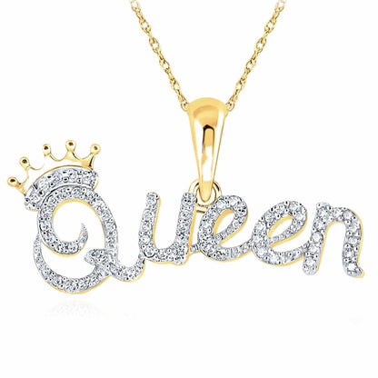 0.16CTW Real Diamond 10K Gold Yellow Rose Crown "Queen" Pendant 0.55"