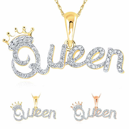 0.16CTW Real Diamond 10K Gold Yellow Rose Crown "Queen" Pendant 0.55"