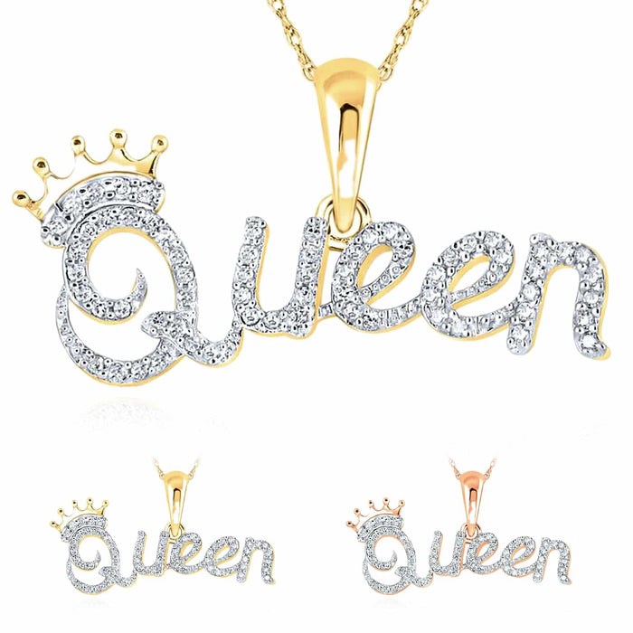 0.16CTW Natural Diamond 10K Gold Yellow Rose Crown "Queen" Pendant 0.55" - WJD Exclusives
