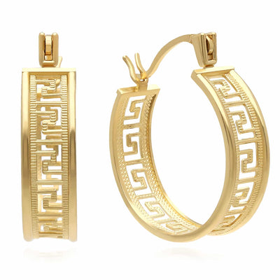 10K Yellow Gold All Around Greek Key Textured Hoop Earrings 20mm - WJD Exclusives