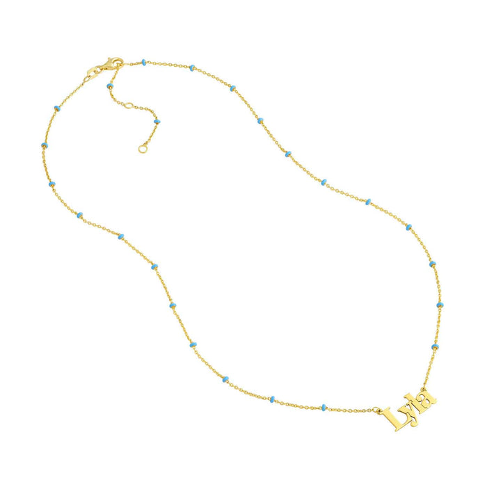 Customizable 14K Yellow Gold Turquoise Station Nameplate Necklace (Solid Links) 16" - 18" Adjustable - WJD Exclusives