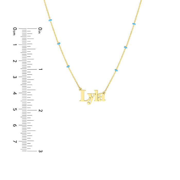Customizable 14K Yellow Gold Turquoise Station Nameplate Necklace (Solid Links) 16" - 18" Adjustable - WJD Exclusives