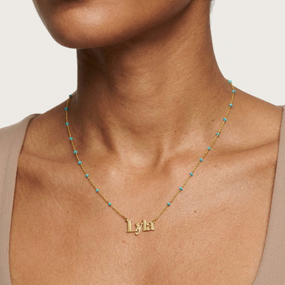 Customizable 14K Yellow Gold Turquoise Station Nameplate Necklace (Solid Links) 16"-18" Adjustable