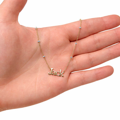 Customizable 14K Yellow Gold Turquoise Station Nameplate Necklace (Solid Links) 16"-18" Adjustable