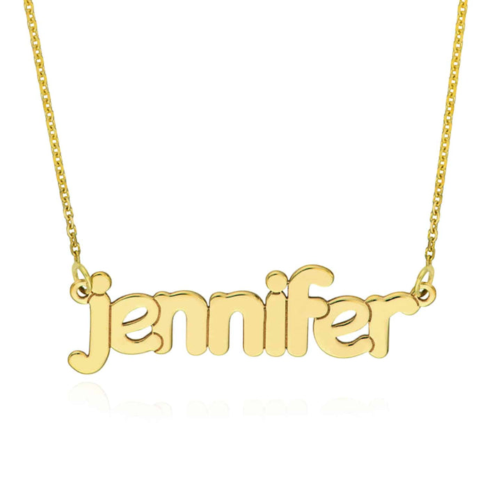 Customizable 14K Yellow Gold Bubble Nameplate Necklace (Solid Links) 0.2" 14" - 18" Adjustable - WJD Exclusives