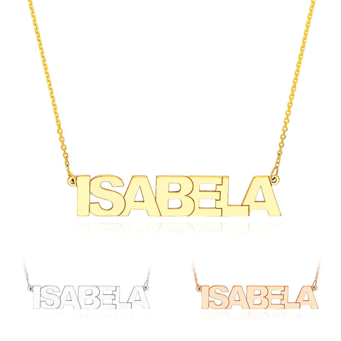 Customizable 14K Yellow White Rose Gold Block Font Nameplate Necklace (Solid Links) 14" - 18" Adjustable - WJD Exclusives