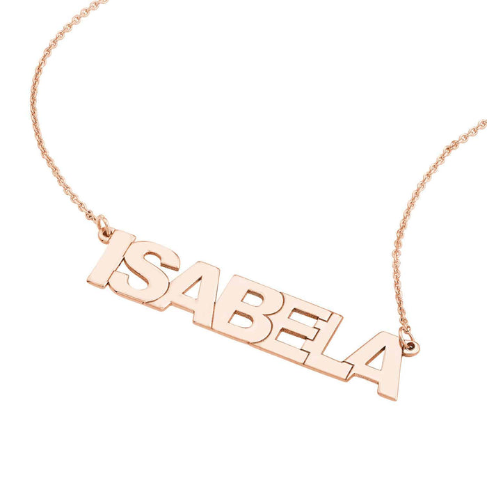 Customizable 14K Yellow White Rose Gold Block Font Nameplate Necklace (Solid Links) 14" - 18" Adjustable - WJD Exclusives