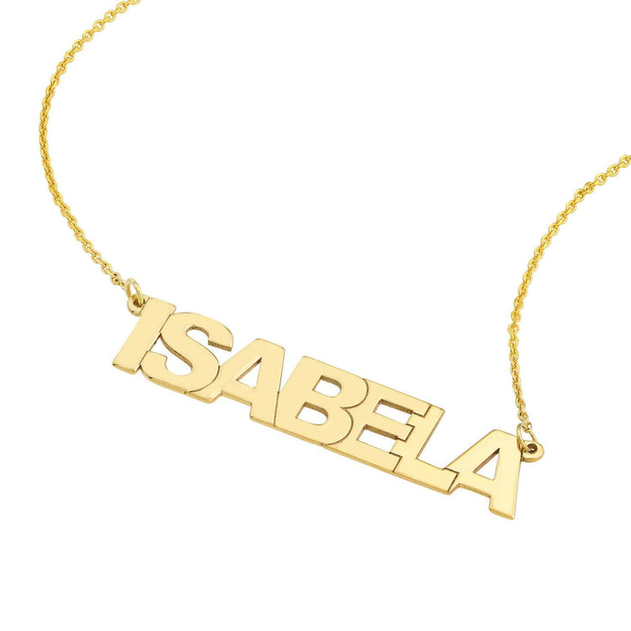 Customizable 14K Yellow White Rose Gold Block Font Nameplate Necklace (Solid Links) 14" - 18" Adjustable - WJD Exclusives