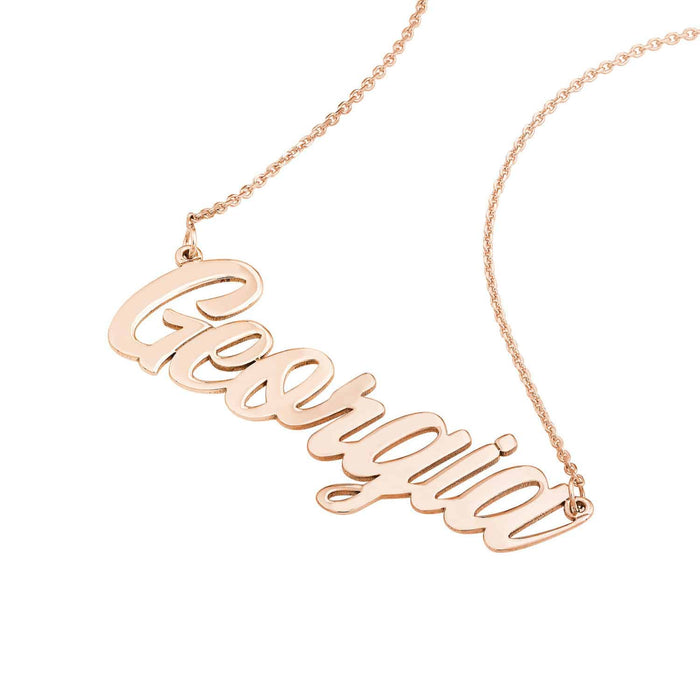 Customizable 14K Yellow Gold Script Font Nameplate Necklace (Solid Links) 14" - 18" Adjustable - WJD Exclusives