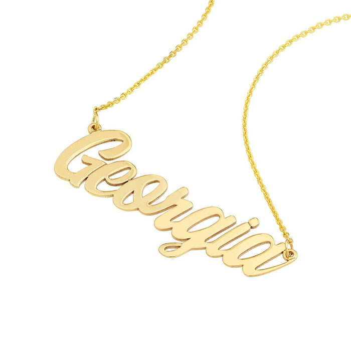 Customizable 14K Yellow Gold Script Font Nameplate Necklace (Solid Links) 14" - 18" Adjustable - WJD Exclusives