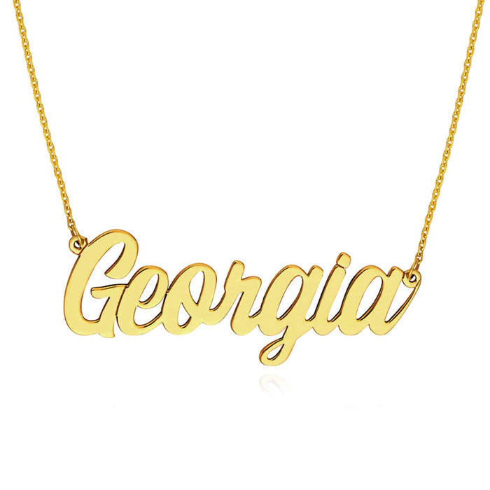Customizable 14K Yellow Gold Script Font Nameplate Necklace (Solid Links) 14" - 18" Adjustable - WJD Exclusives
