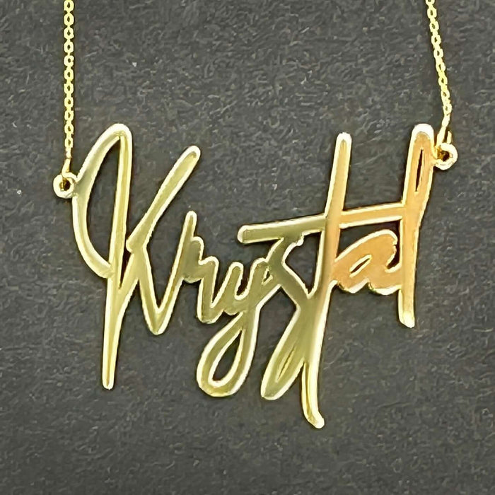 Customizable 14K Yellow Gold Signature Nameplate Necklace (Solid Links) 14" - Adjustable - WJD Exclusives