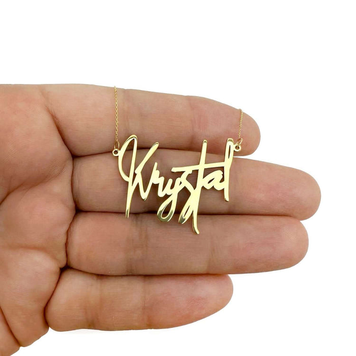 Customizable 14K Yellow Gold Signature Nameplate Necklace (Solid Links) 14" - Adjustable - WJD Exclusives