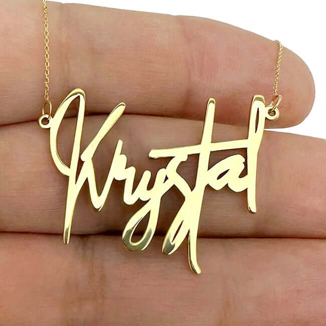 Customizable 14K Yellow Gold Signature Nameplate Necklace (Solid Links) 14" - Adjustable - WJD Exclusives